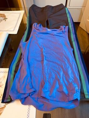 Purple Athletic Tank & Black Leggings with Blue & Green Stripes